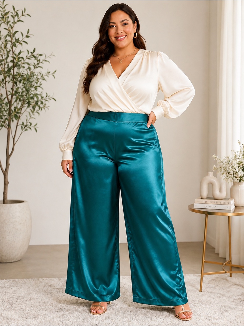 Wide Leg Satin Pants in Teal - Elegant Plus Size
